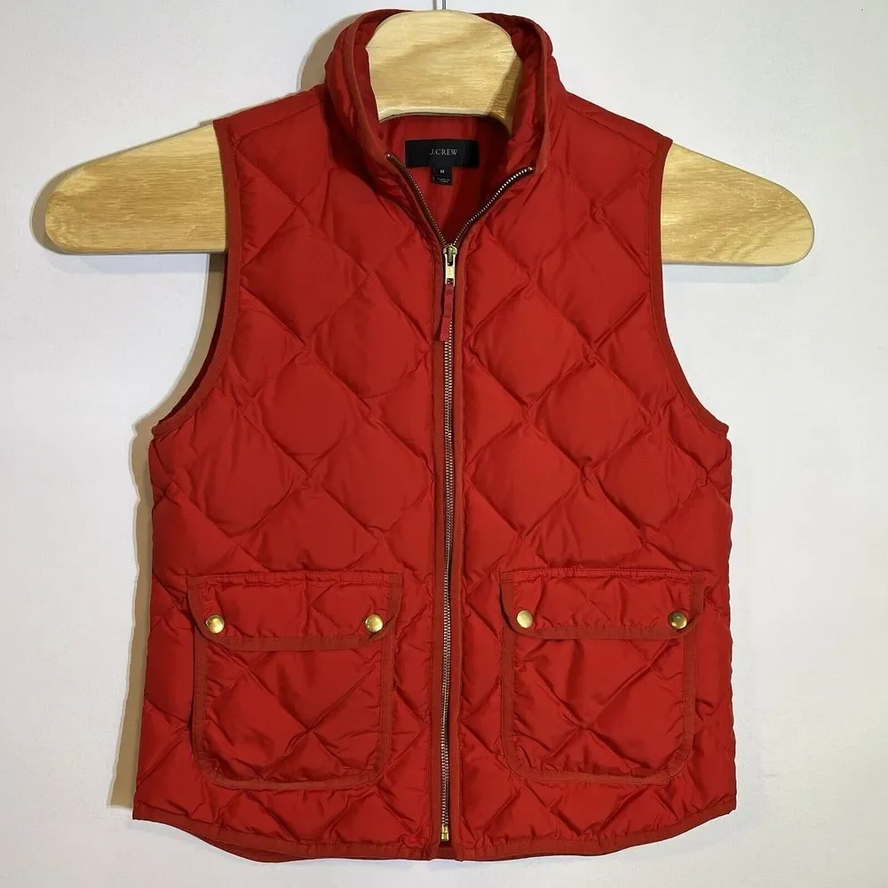 J. CREW Women's M Quilted Down Puffer Excursion Vest Red Gold Buttons‎